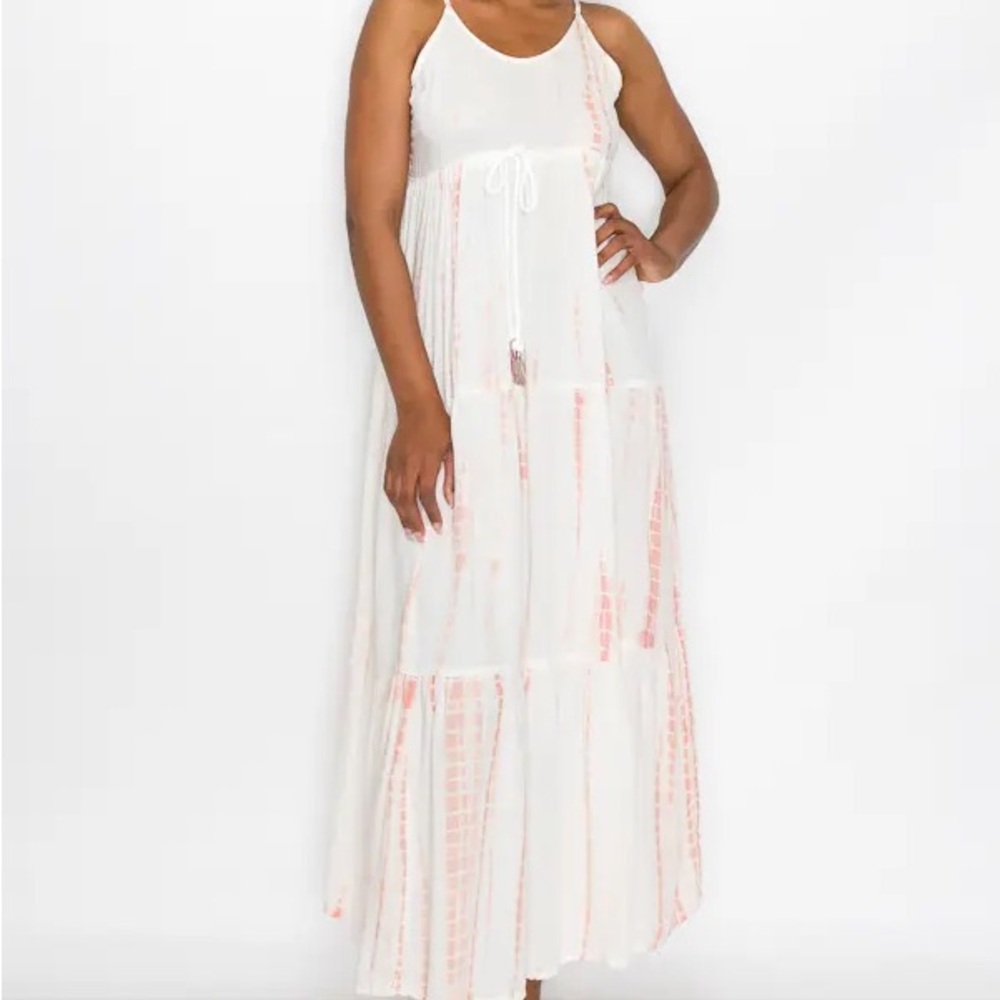 White Waves Boho Boutique White and Coral Maxi Dress